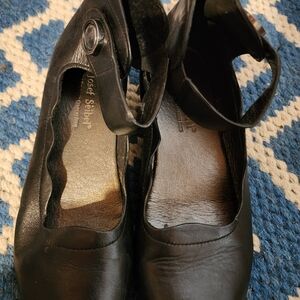 Josef Seibel Black Leather Mary Jane Heels with Ankle Strap